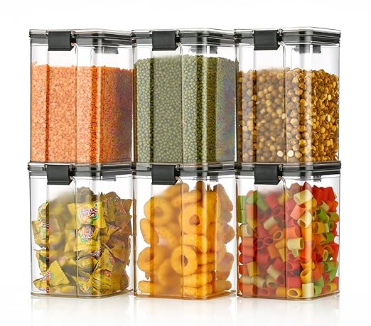 Airtight Plastic Square Container Set for Kitchen Storage - 1100ml Containers | Unbreakable & Air-Tight Design | Container & Containers Set (Black, Set of 6)