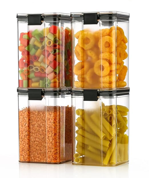 Airtight Plastic Square Container Set for Kitchen Storage - 1100ml Containers | Unbreakable & Air-Tight Design | Container & Containers Set (Black, Set of 6)